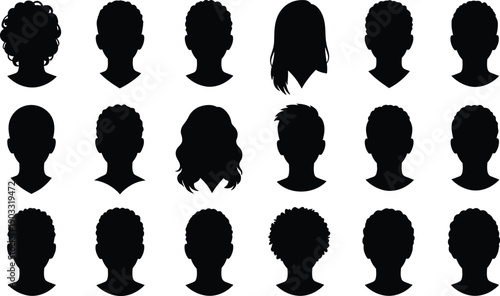 Silhouette head icons, various hairstyle profiles, black shadow faces, vector avatar set, people outline design, flat illustration, graphic design elements