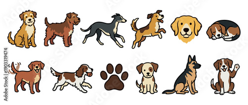 Collection of cute cartoon dog illustrations showing various breeds in different playful poses like sitting, running, jumping, sleeping, and waving a friendly paw