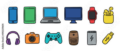 Colorful collection of electronic gadget icons in a hand-drawn doodle style, featuring a smartphone, laptop, camera, headphones, and other modern personal technology devices