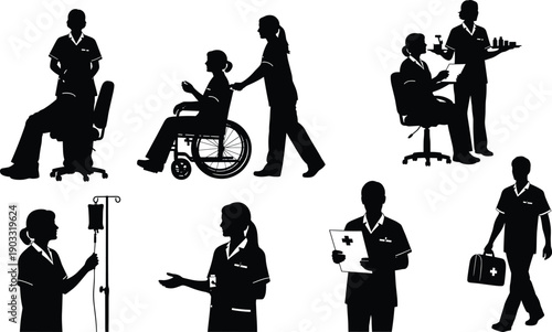 Silhouette healthcare workers assisting patients, nurses with medical equipment, hospital staff providing care, nursing duties, medicine, wheelchair, doctor consultation vector