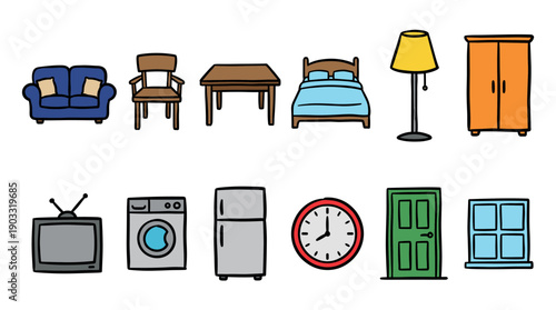 Colorful set of twelve hand-drawn household furniture and appliance icons in a simple cartoon doodle style, including a sofa, bed, table, lamp, television, and refrigerator