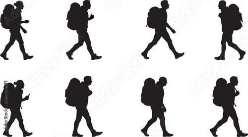 Silhouette hikers walking with backpacks, trekking poles, outdoor mountain adventure, hiking exploration, wilderness journey, camping travel, climbing challenge, backpacking lifestyle, fitness nature