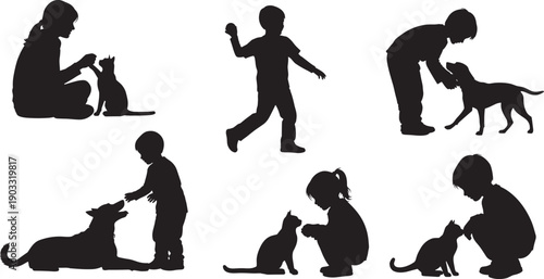 Silhouette illustration of children interacting with cats and dogs, showing playful moments of pet care, bonding, and companionship