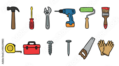 Colorful cartoon collection of various tools for construction and home repair, including a hammer, drill, saw, and paintbrush in a simple hand-drawn doodle style illustration