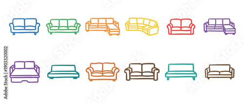 Colorful hand-drawn sofa and couch icons in a minimalist line art style, a collection of various furniture designs including loveseats, sectionals, and modern settees