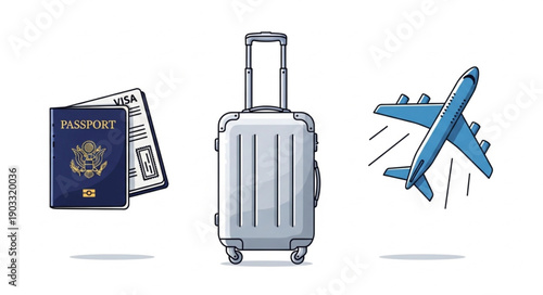 Travel essentials including passport luggage and airplane illustration.