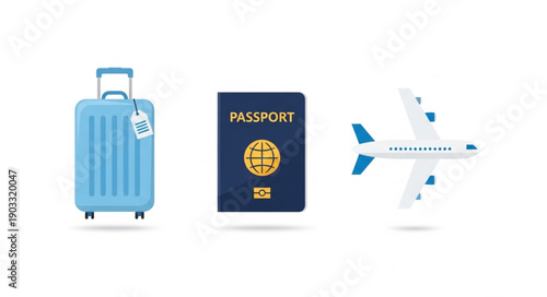Travel essentials including a blue suitcase passport and airplane.