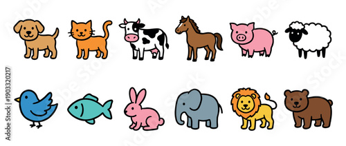 Cute set of twelve cartoon animal illustrations including a dog, cat, cow, horse, pig, sheep, bird, fish, rabbit, elephant, lion, and bear in a simple, friendly, colorful style