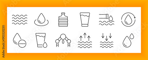 Water consumption set icon. Drops, glass, bottle, molecule, flow, pipe, evaporation, and hydration elements drawn with clear outlines to depict drinking, circulation, and water intake.