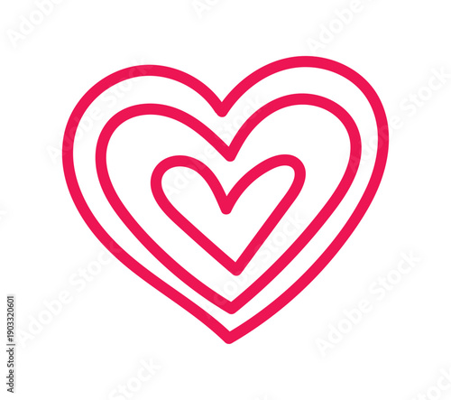 Red layered heart outline vector illustration with nested doodle lines on white background. Romantic design for Valentine cards, prints, stickers and social media.