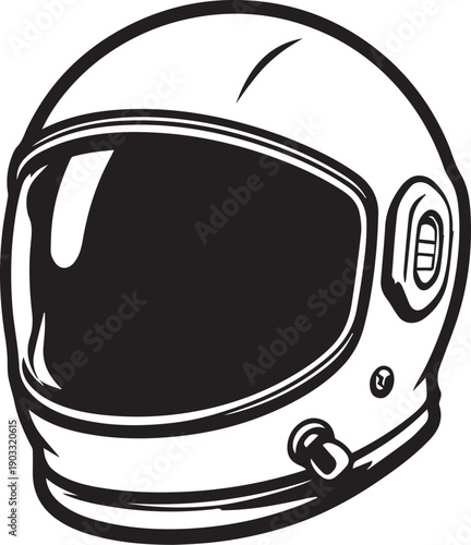 A bold, black and white illustration of an astronaut's helmet, exuding a sense of adventure, exploration, and space travel.