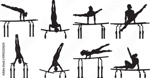 Silhouette of athletes performing artistic gymnastics parallel bars routine, strength balance and acrobatic movements, isolated on white background for sports illustration
