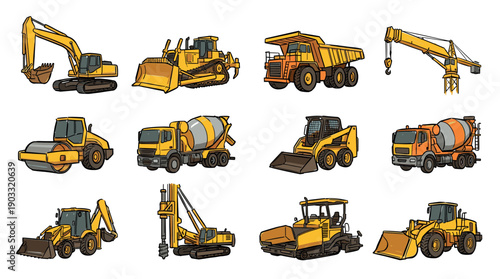 Collection of yellow construction machinery illustrations featuring an excavator, bulldozer, dump truck, crane, and cement mixer in a simple and bold cartoon doodle style