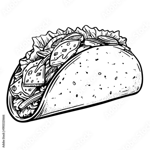 Illustration of a taco with lettuce cheese and other fillings in a crispy shell with black outlines
