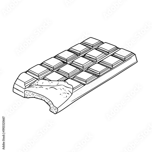A line art illustration of a chocolate bar with a bite taken out of it showing the inside filling