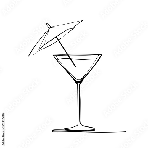 Illustration of a martini glass with a drink and a small umbrella on a white background sketch style