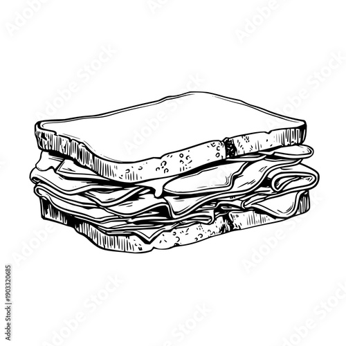 A detailed black and white drawing of a sandwich with multiple layers of filling between two slices of bread