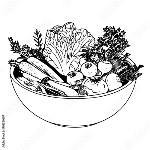 A bowl filled with various vegetables including tomatoes carrots and leafy greens in black and white style