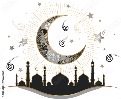A stunning illustration of a mosque silhouette under a crescent moon and stars