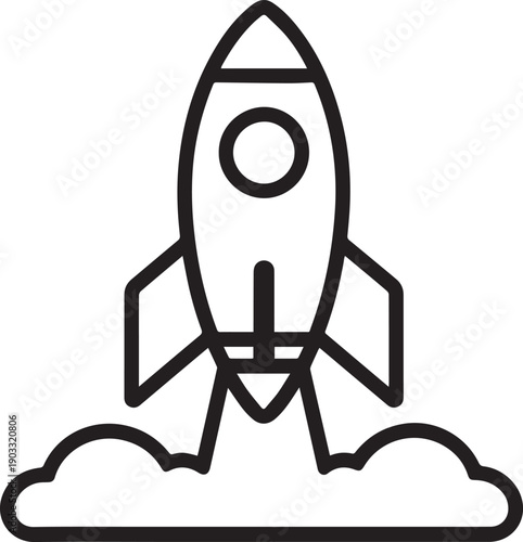A sleek rocket blasts off, with bold black lines against a clean backdrop, creating a sense of forward momentum and innovation.