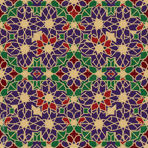 A vibrant and intricate mosaic pattern featuring colorful geometric shapes and designs