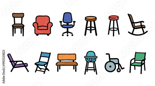 Diverse collection of colorful chair icons including an armchair, office chair, stool, rocking chair, wheelchair, and bench, illustrated in a simple cartoon line art style