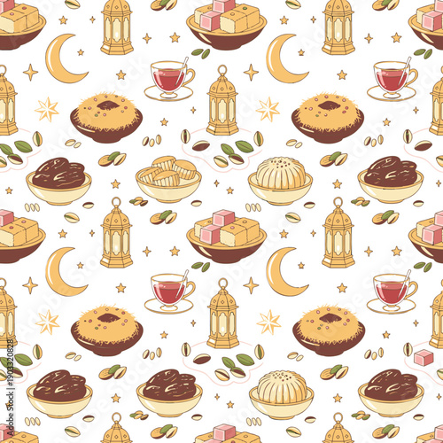 A vibrant pattern of traditional Middle Eastern sweets and Ramadan symbols on a white background