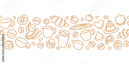 Vector seamless pattern. Cup of coffee, croissant