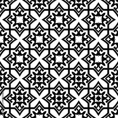 A seamless black and white geometric pattern with intricate designs and shapes