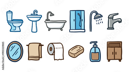 Collection of hand-drawn bathroom icons featuring a toilet, sink, bathtub, shower, faucet, mirror, towel, soap, and cabinet in a cute, colorful doodle illustration style