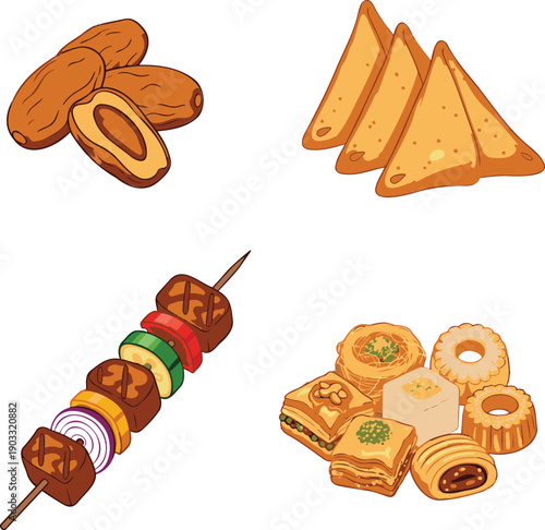 A colorful illustration of traditional Middle Eastern foods including dates, kebabs, and sweets