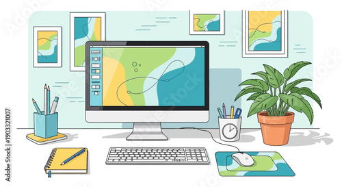 Modern Home Office Desk with Computer, Potted Plant, and Artwork in a Cozy Interior