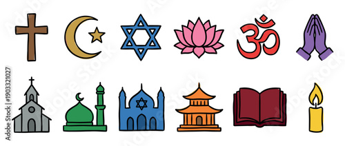 Collection of colorful hand-drawn religious symbols representing world faiths like Christianity, Islam, Judaism, Buddhism, and Hinduism in a simple doodle illustration style