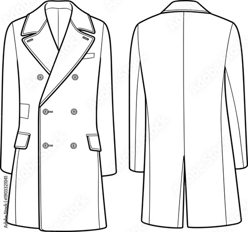 CAD flat sketch vector illustration of double breasted long coat with lapel collar, flap pockets, and back center vent