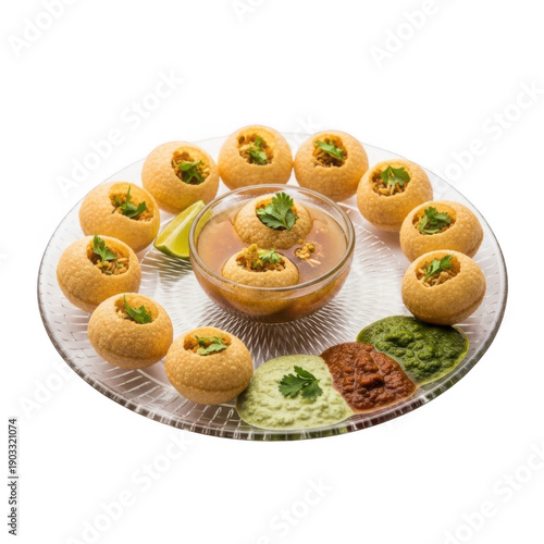 Delicious pani puri served with assorted chutneys and spices
