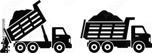 Construction dump truck illustration, heavy duty tipper trucks carrying soil and gravel, transportation logistics concept, flat vector illustration design icon