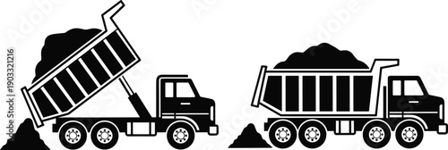 Construction dump truck illustration, heavy duty tipper trucks unloading soil and gravel, industrial logistics transportation concept, flat vector illustration icon
