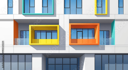 Modern Apartment Building Facade with Colorful Balconies and Large Windows in an Urban Setting