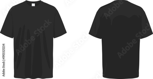 Black t-shirt mockup front and back flat view. Clean short sleeve apparel design. Minimal vector clothing template for fashion branding and print projects.