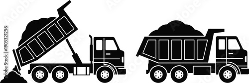 Construction dump truck illustration, heavy duty tipper trucks unloading soil and gravel, industrial transportation logistics concept, flat vector illustration icon