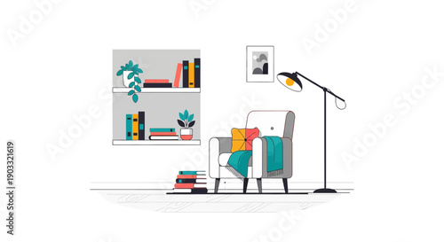 Minimalist Cozy Reading Nook in Living Room with Bookshelf and Armchair, Isolated White Background