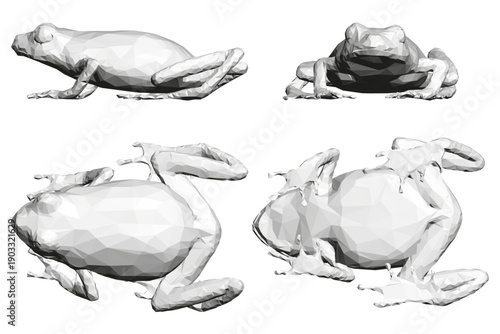 Four low polygonal frogs in symmetrical arrangement on a white background.
