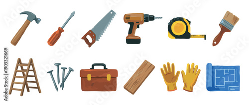Collection of illustrated construction tools including a hammer, saw, drill, tape measure, ladder, and blueprint for DIY home improvement and repair projects