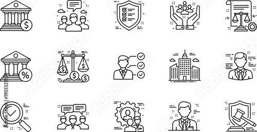 Legal, finance, business icons set, line style, law, banking, compliance, justice, corporate, management, flat, vector, illustration, governance, protection, audit, strategy