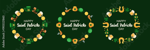 Round Saint Patricks Day 3 frames collection. Elements top hat, coin, boot, and beer mug. Holiday greeting card on dark green background. Inscription in center. Hand drawn vector illustration.