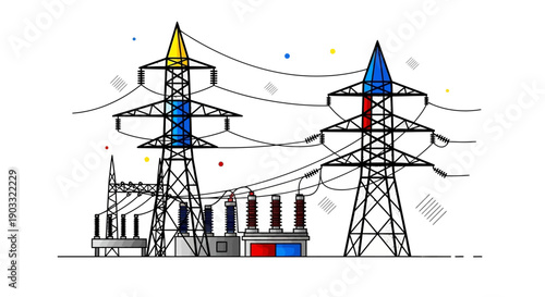 High voltage electrical transmission towers with power lines and substation in a bright studio background, representing energy distribution.