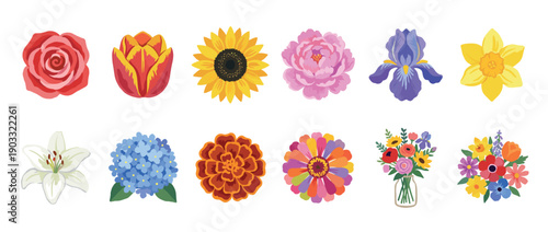 Diverse collection of twelve flower icons featuring a rose, tulip, sunflower, peony, iris, lily, hydrangea, and two bouquets in a colorful flat vector illustration style
