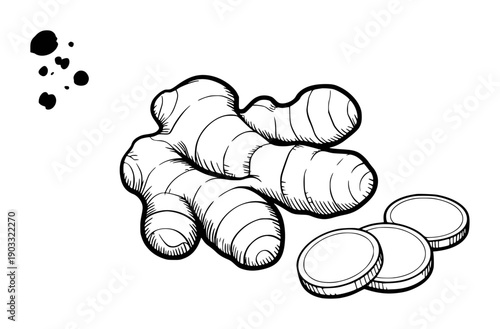Black and White of Ginger Root and Slices White Background spice food