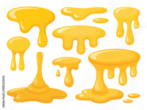 Collection of dripping golden yellow honey blobs and splatters white background liquid