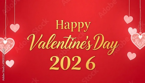 Happy valentine's day 2026 message in golden script with hanging decorative hearts on a vibrant red background